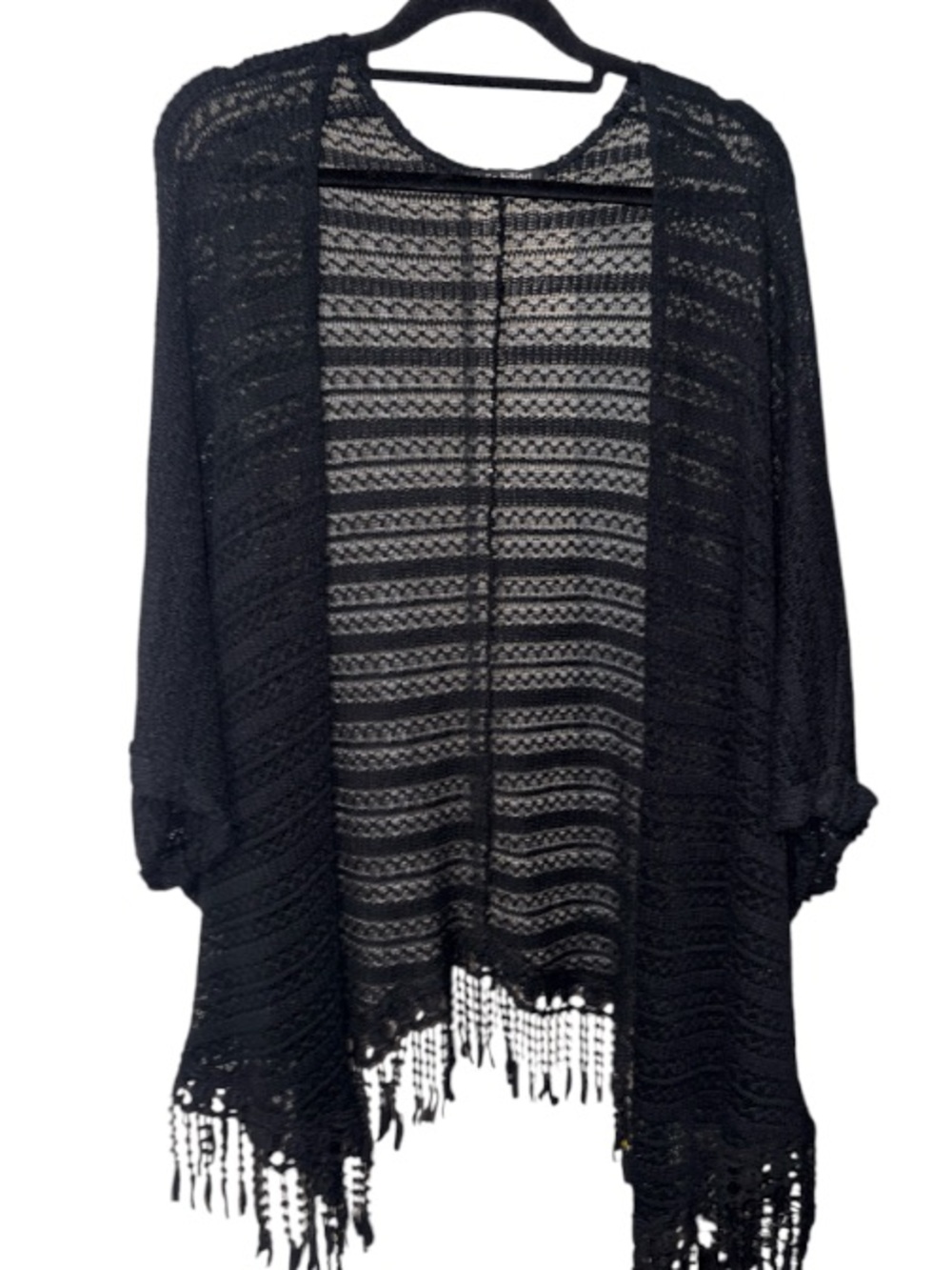 Julie Billiart Black Open-Knit Fringe Poncho Cardigan